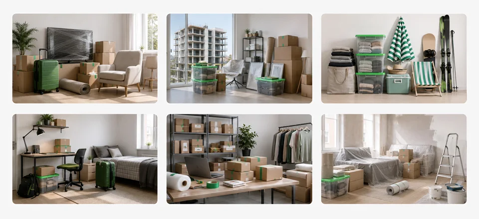 Ev taşıma, kentsel dönüşüm, sezonluk eşya, öğrenci, e-ticaret stoğu ve tadilat senaryolarını gösteren altı kare görsel — aylık depo kiralama kimler için uygundur