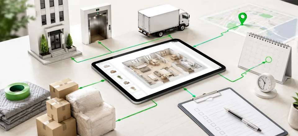 Tablette ev yerleşim planı; çevresinde bina, asansör, nakliye kamyonu, takvim, saat ve kontrol listesi — başka şehre ev taşıma sürecinin planlanması