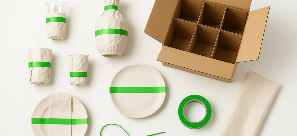 Cam ve kırılabilir eşya paketleme: tek tek sarılmış bardaklar, tabaklar ve bölmeli koli