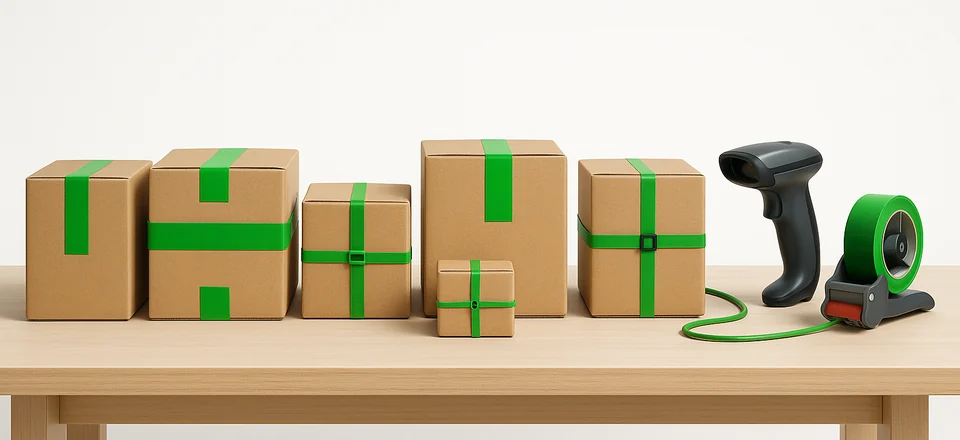 Fulfillment hizmetinde sıralanmış e-ticaret kolileri ve barkod okuyucu