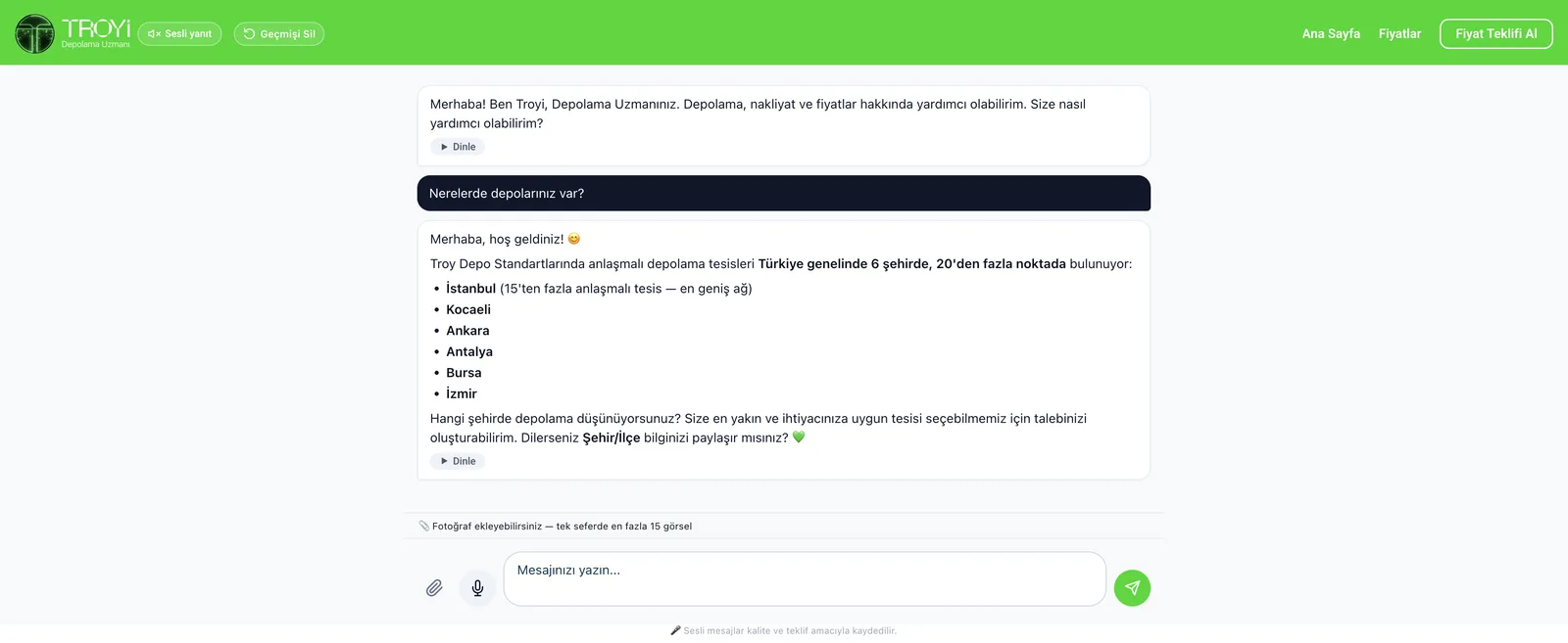TROYİ sohbet ekranı: "Nerelerde depolarınız var?" sorusuna İstanbul, Kocaeli, Ankara, Antalya, Bursa ve İzmir tesislerini listeleyen yanıt