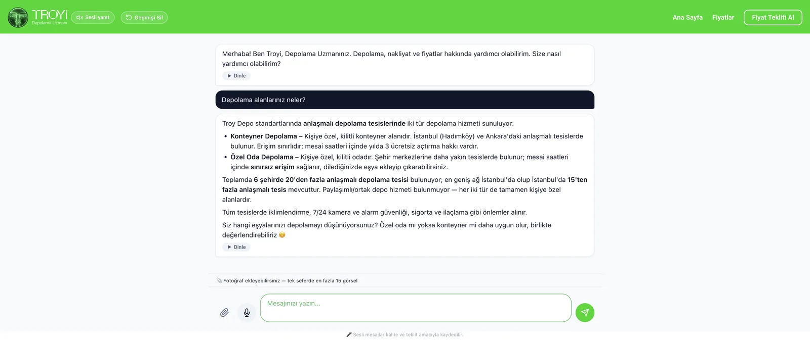 TROYİ sohbet ekranı: konteyner ve özel oda depolama türlerini, tesis sayısını ve güvenlik önlemlerini anlatan yanıt