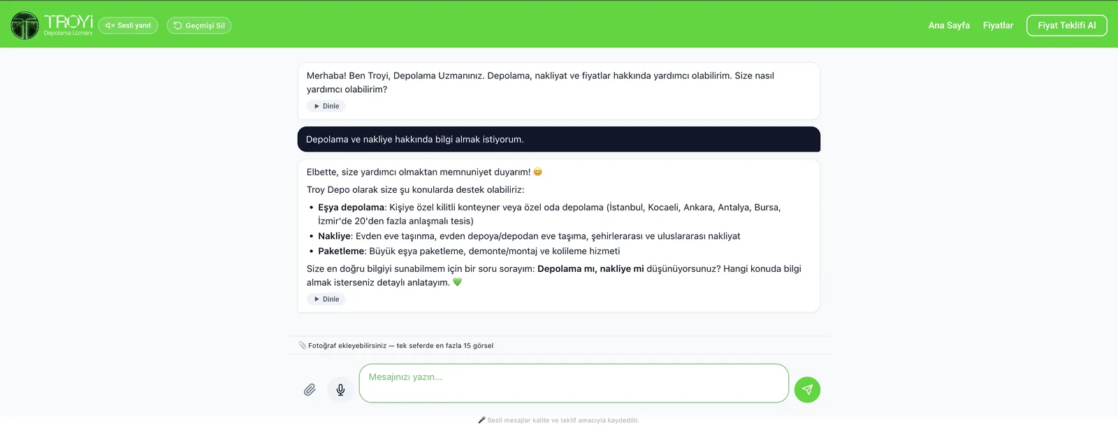 TROYİ sohbet ekranı: eşya depolama, nakliye ve paketleme hizmetlerini özetleyen yanıt