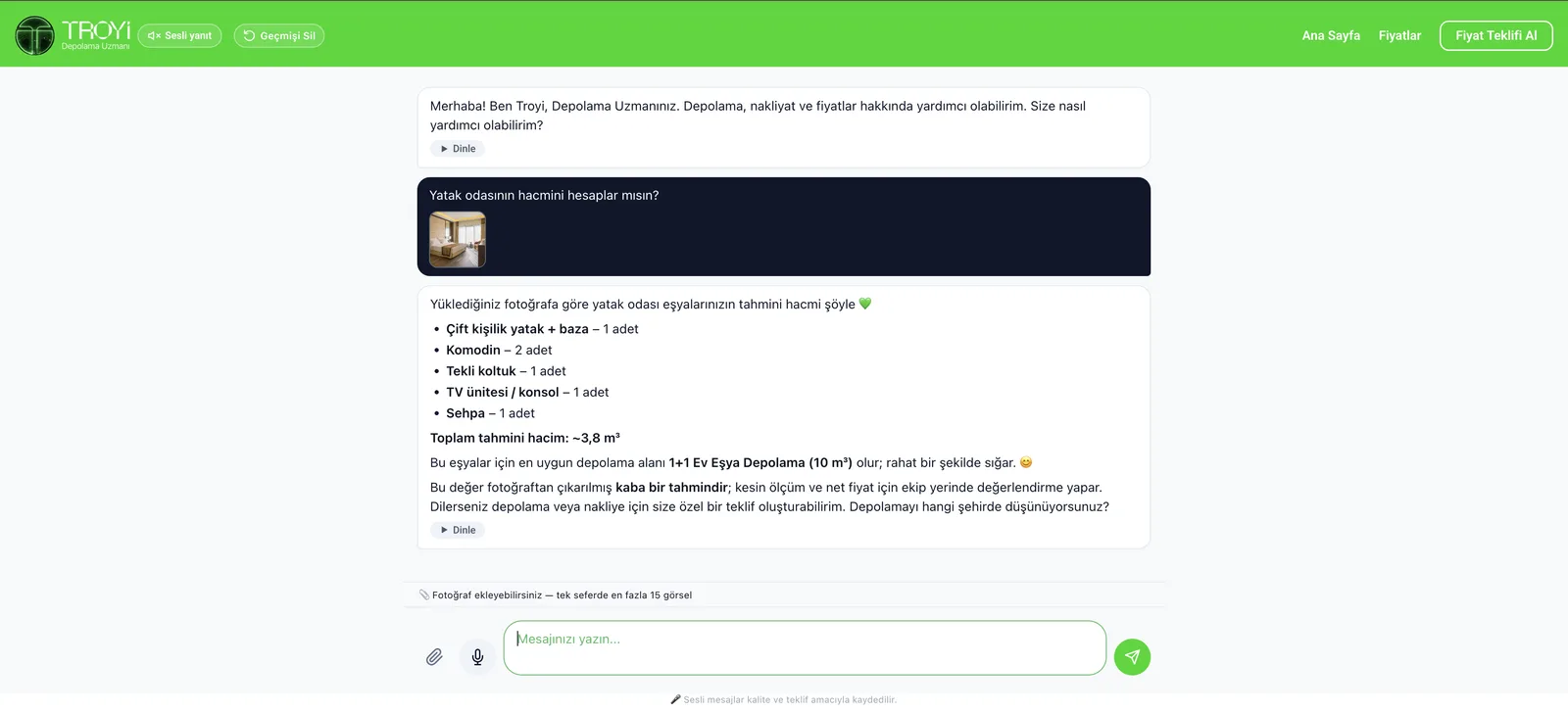 TROYİ sohbet ekranı: yüklenen yatak odası fotoğrafından eşya listesi çıkarıp yaklaşık 3,8 m³ hacim tahmini yapan yanıt